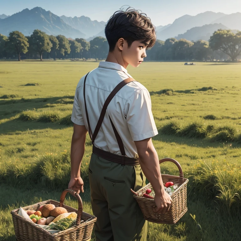  High resolution, Super detailed, masterpiece, highest quality,oriental、Thrift、boy working in the field、grassland、back basket、