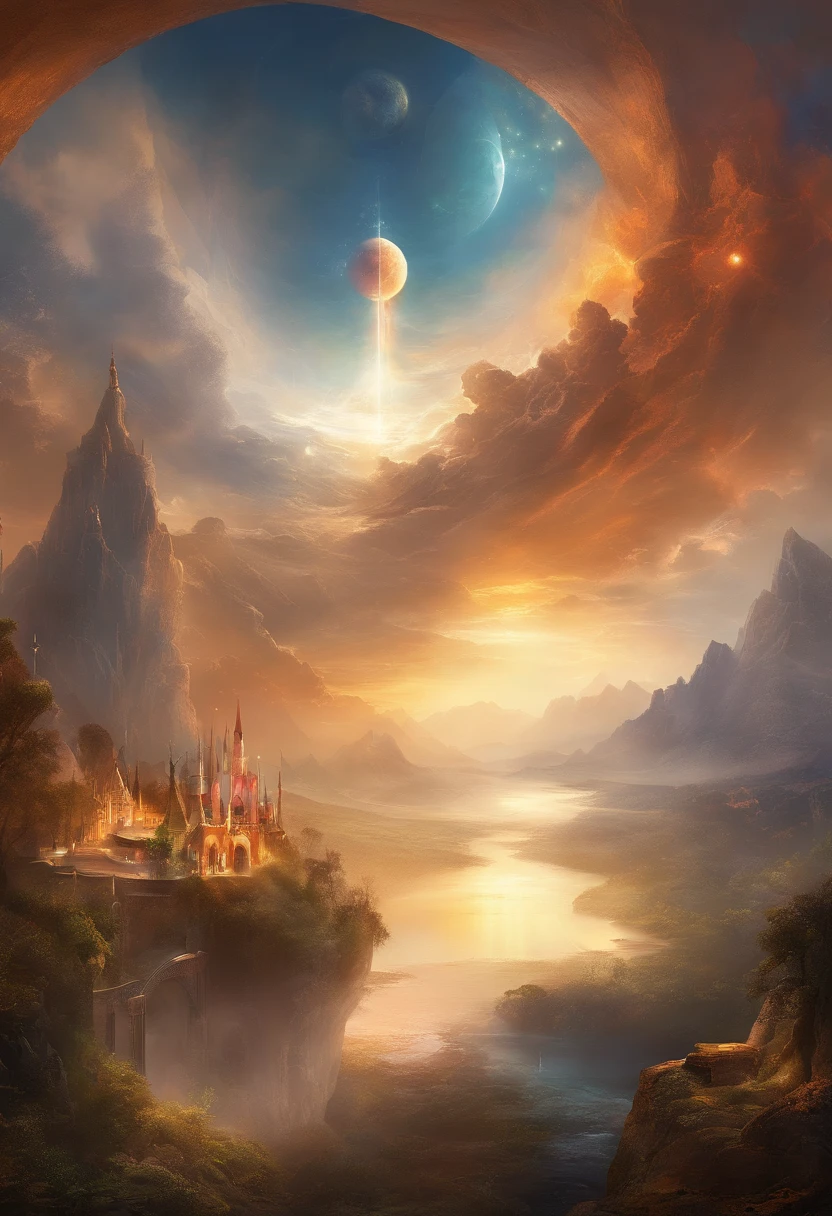 Surreal,(beyond imagination 1:3)height difference,Amazing,Masterful cloud performance((Beautiful volumetric cloud 1:4))Vision,Lens performance,Upscale resolution,Enhanced resolution,Masterful lighting performance,Light intensity 3