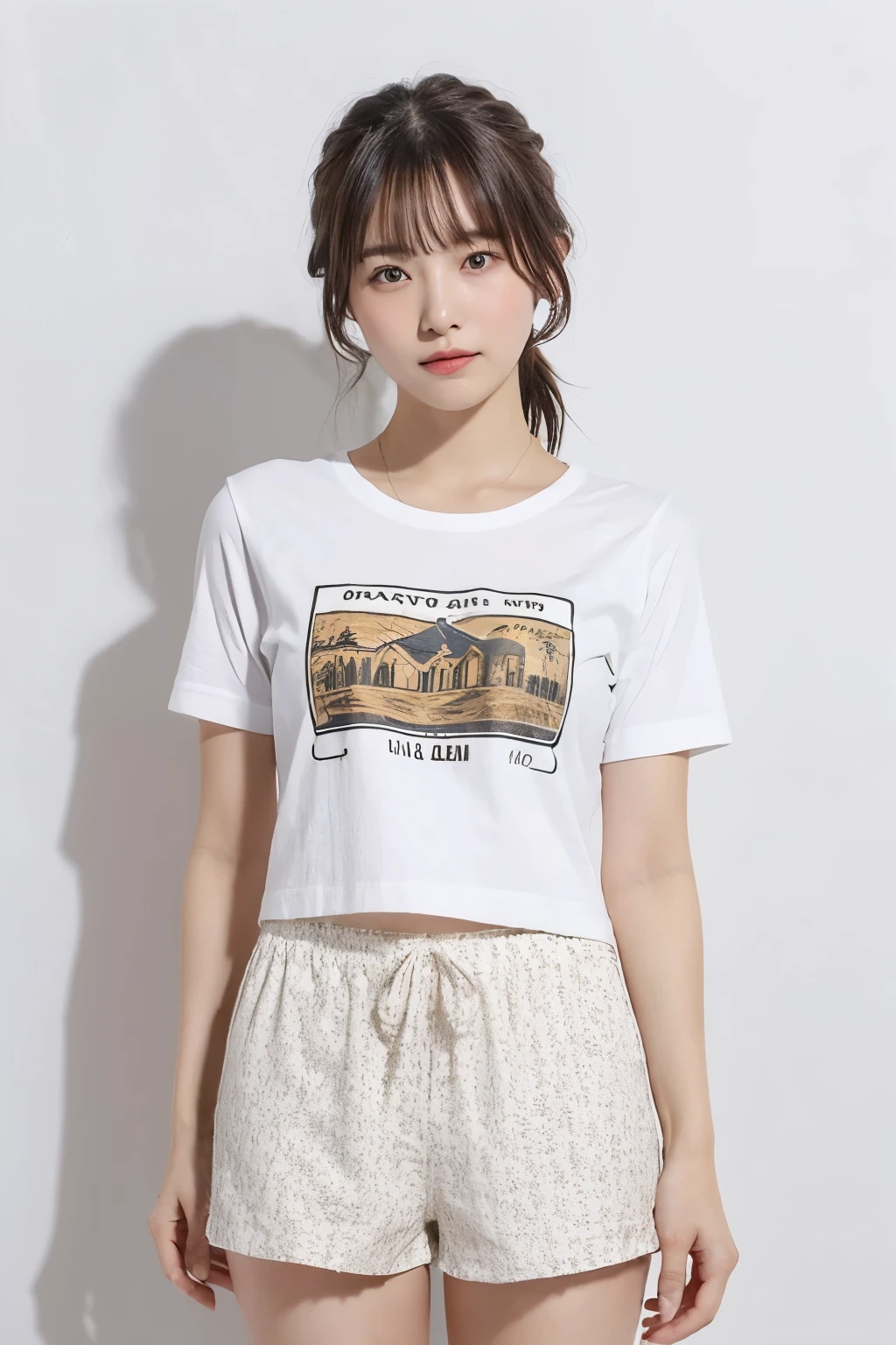 ((Top quality)), one beautiful woman, wearing ornament pattern t-shirt  shorts,35mm lens, f/1, cowboy shot, (white background: 1.3), camp site,,大きい目,小さい胸、笑顔