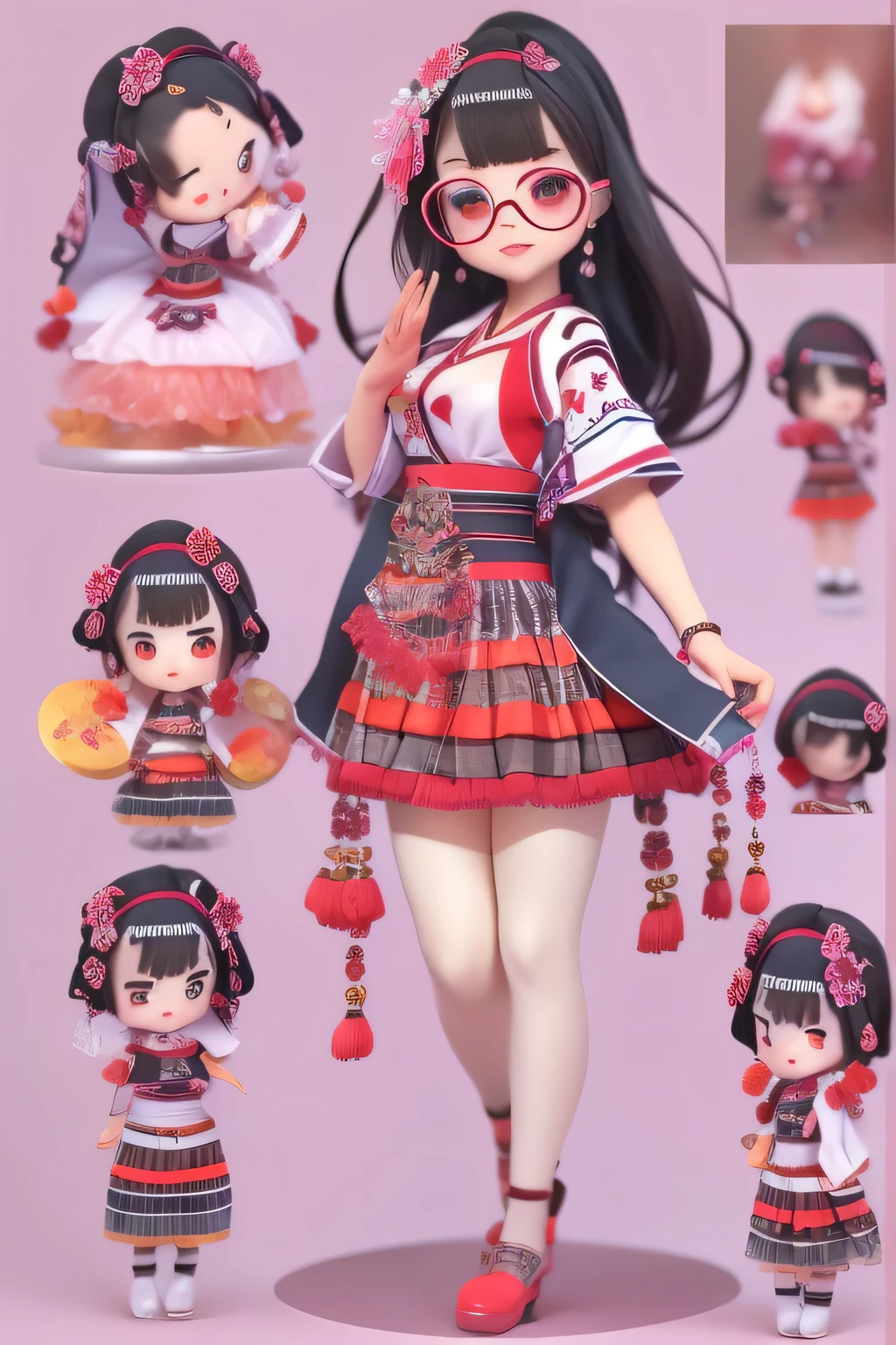 (masterpiece), (better quality), (super detailed), (whole body: 1.2) Beautiful and lovely Miao girl, Glasses,  capuz, ，black hair，Head rope，Colorful Miao costumes, Black plaid puffy skirt,3d rendering, Q printmaking style, 8K cartoon illustration,Ethnic art ,clear smile, whole body, :3, Pastel tonal background , Colorful and simple.