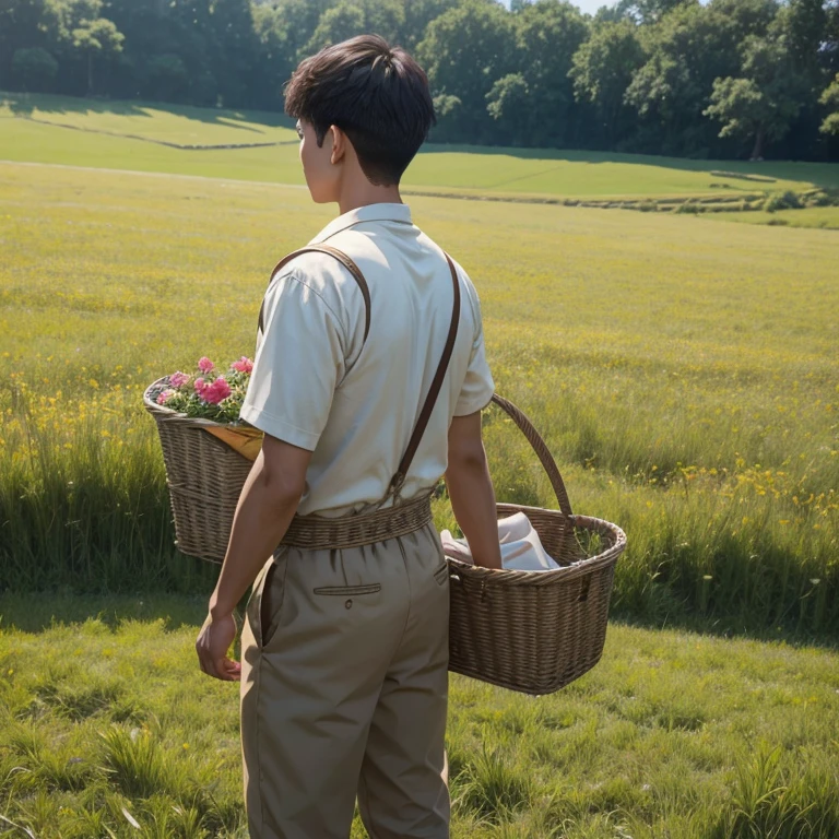  High resolution, Super detailed, masterpiece, highest quality,oriental、Thrift、boy working in the field、grassland、back basket、