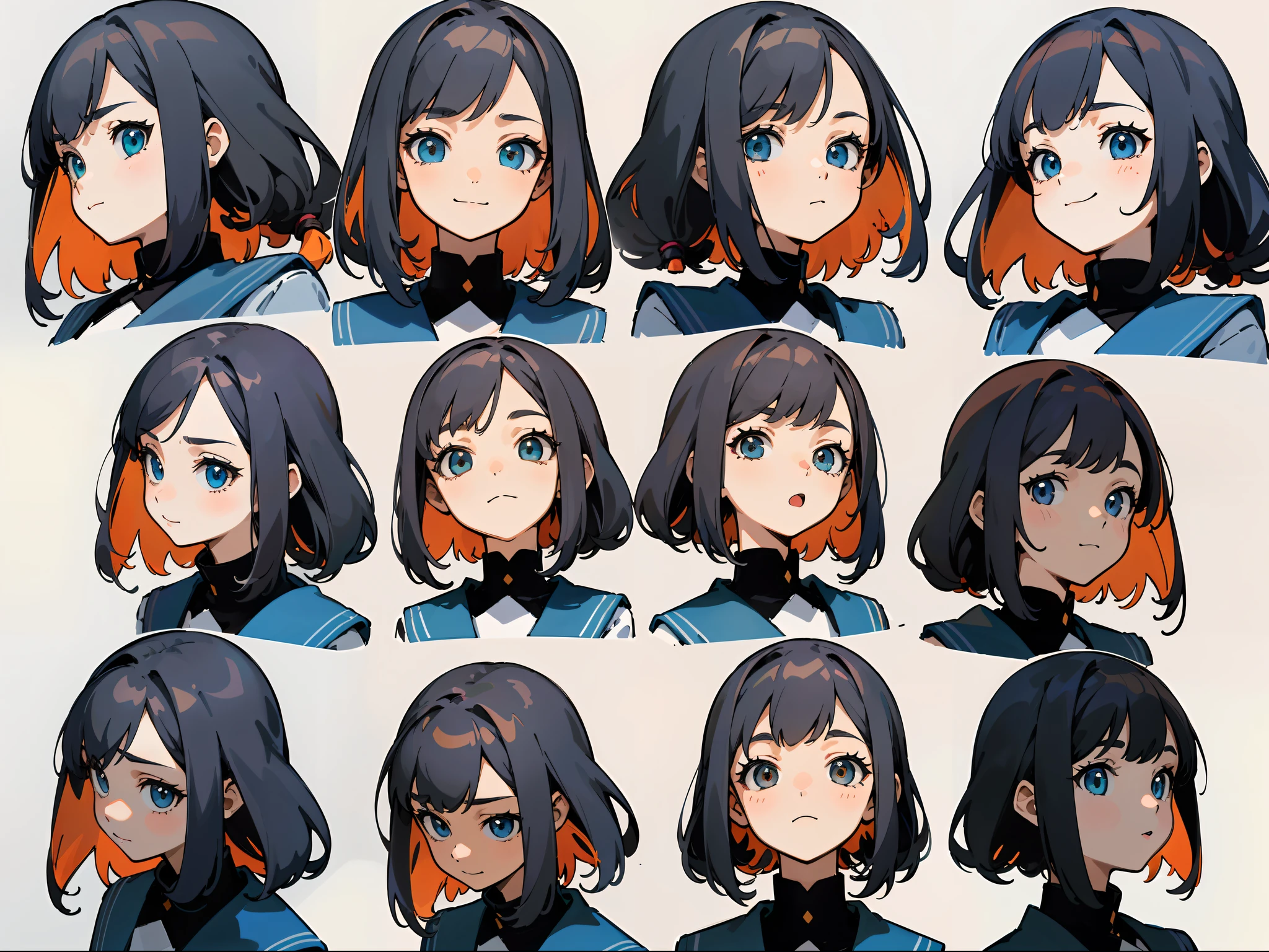 (masterpiece, best quality), 1girl, anime character facial expression sheet, Draw one facial expression from various directions on one sheet, draw a total of 6 faces, 3 horizontally and 2 vertically. The specified facial expression is a cheerful smile, portrait shot area depiction,
BREAK,
girl, age18, 165cm tall, slender, medium bob brunette hair, large slanted eyes, school uniform, (simple white background, only characters are colored:1.3),