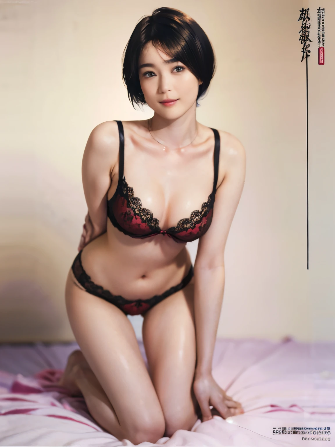 (20 year old woman,Are standing), (surreal), (High resolution), ((beautiful hairstyle 46)), ((short hair:1.46)), (gentle smile), (breasted:1.1), (lipstick)、full body image、In underwear、detailed face、beautiful legs、detailed 、naked、Breasts fully visible、Seeding press、I really want to have sex、