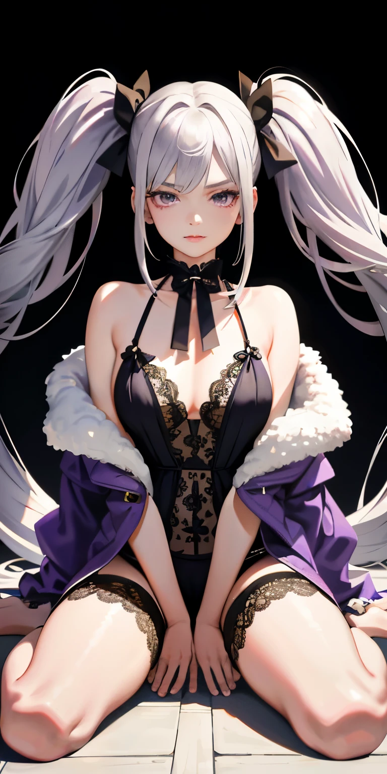 1 girl, long silver twintails, purple eye, sports late, realistic, bathrobe, (hot spring), ((orange detailed lace lingerie))side lighting, wallpaper, NSFW,squat down and spread your legs，ideal style、High quality、Highest image quality、detailed face