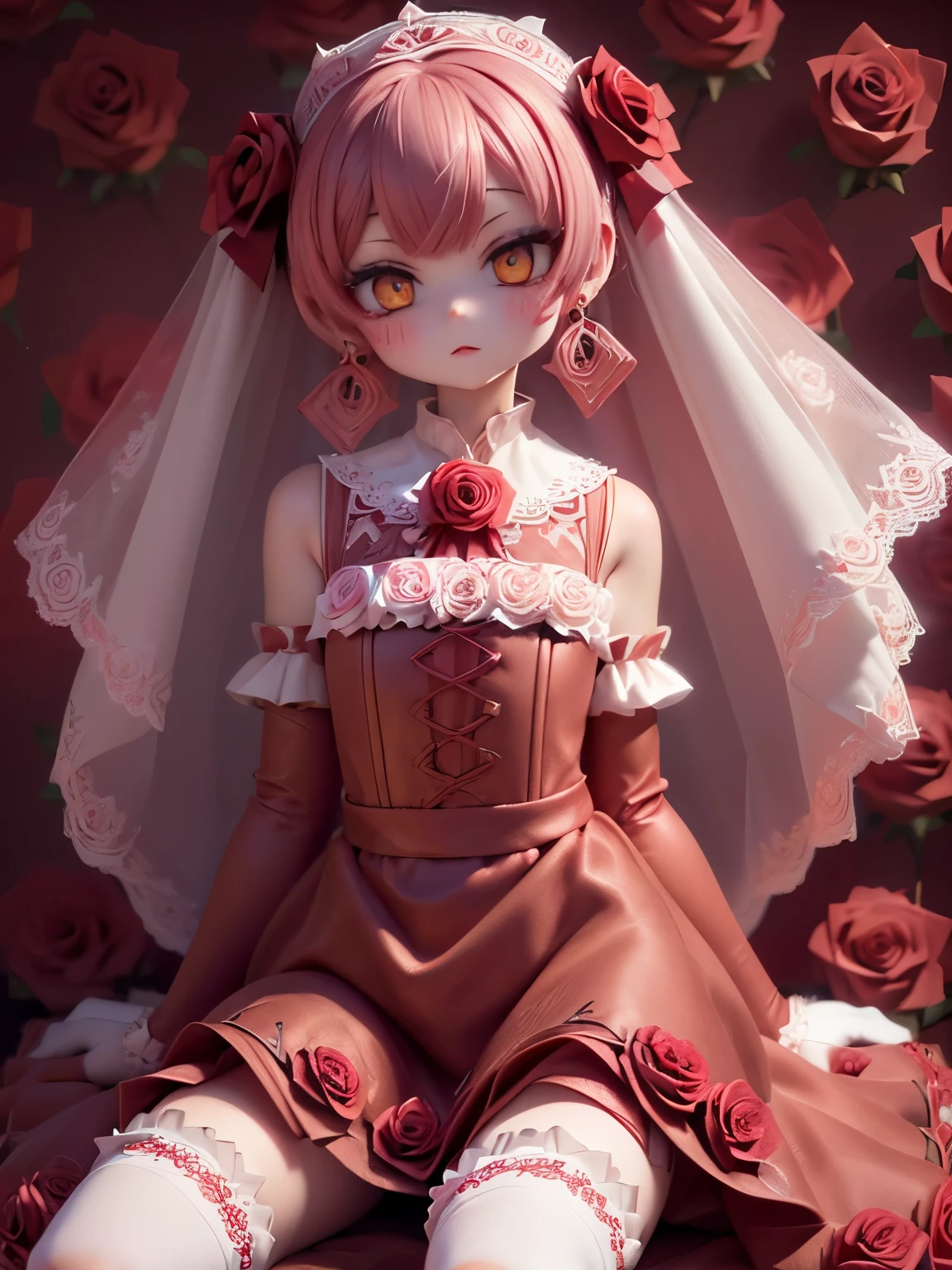 //fashion
(pastel-red theme:1.3),((Rose Gothic Dress with Rose pattern:1.4)),(Rose ornament:1.3),(red big ribbon:1.3),(Rose earrings:1.2),(white Knee High Socks:1.3),(vivid coloring:1.3),(close up of face:1.2),(rose garden background:1.6),(background full of roses:1.5)