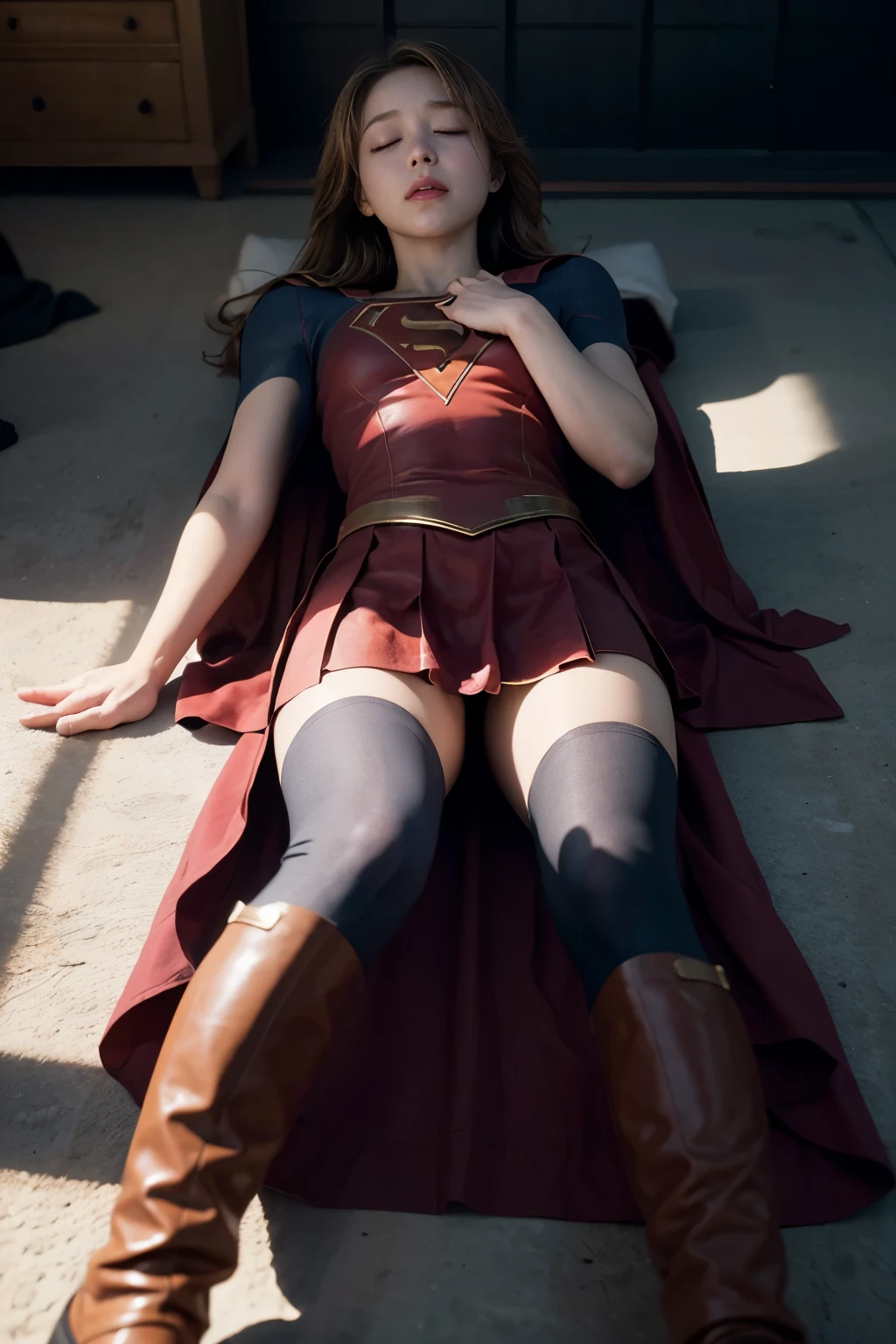 8k, best quality, real picture, intricate details, ultra-detailed, ultra highres, depth field,(photorealistic,realistic:1.2), masterpiece, photo of 1girl, Supergirl, superhero, arms on hips, realistic, red cape, bodysuit, red skirt, red boots, pantyhose, blonde hair, lips, long hair, solo, ruined city background, Nikon d850, film stock, photograph 4 kodak Portra 400 camera f1.6 lens, rich colors, hyper realistic, lifelike texture, dramatic lighting, unreal engine, trending on artstation, cinestill 800,  (lying on back:1.9), (close eyes:1.6), (unconsciousness:1.9), (painful), (defeated from fighting), on the spaceship, (binded), ((whole body)),