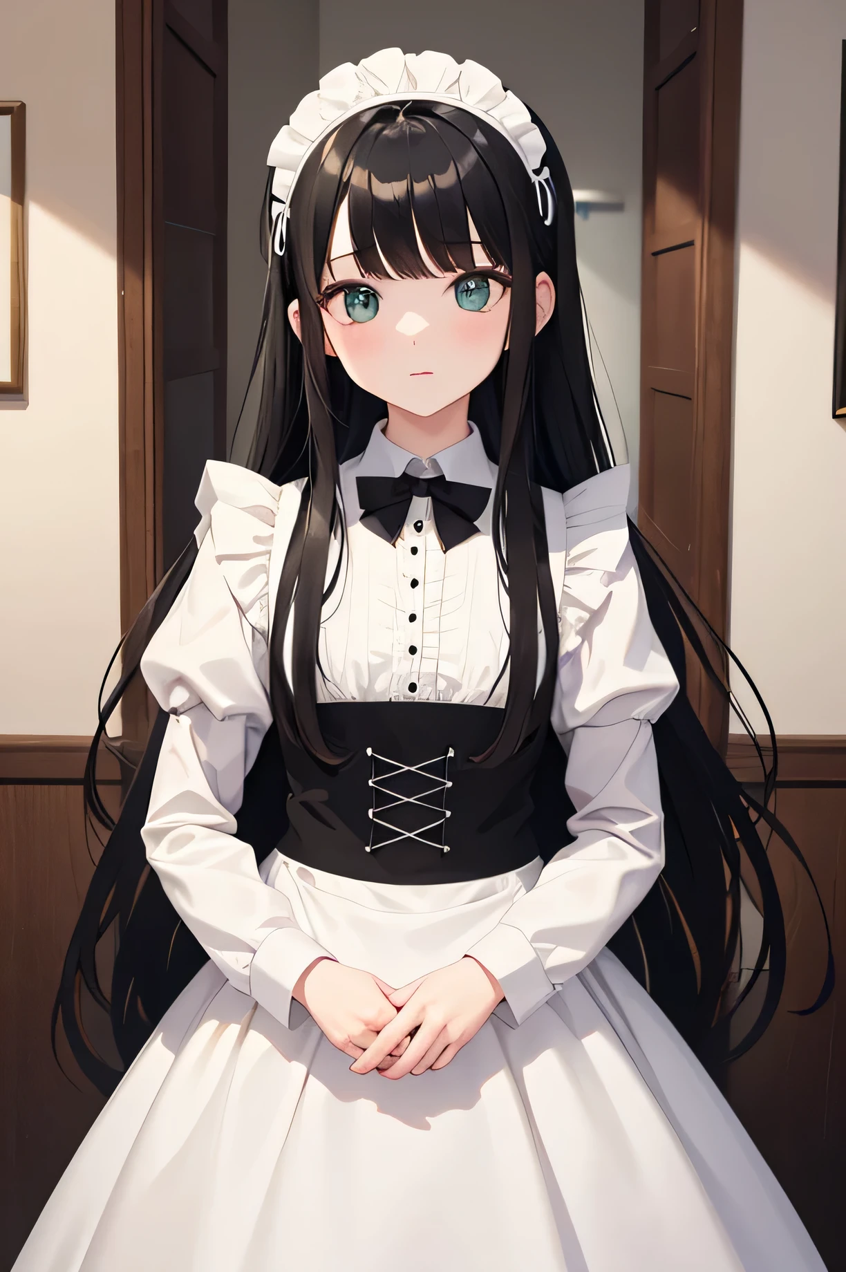 girl、black hair、long hair、Patsun、green eyes、Maid clothes