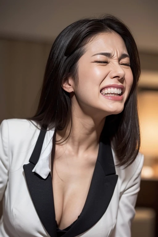 1girl,muste piece,,Award-winning photo, Extremely detailed, edge orgasm,face focus, (woman with open mouth and closed eyes ), 30 years old、black hair、shiny skin、Close-up of face,from below、realistic nostrils、elongated nasal passages,、train、(train車内)、congestion、Are standing、((business suit))、big breasts、(sharp nose)grimacing expression,#concept,teeth,expression,facial expressions,grimacing