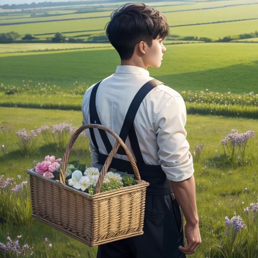 High resolution, Super detailed, masterpiece, highest quality,oriental、Thrift、boy working in the field、grassland、back basket、