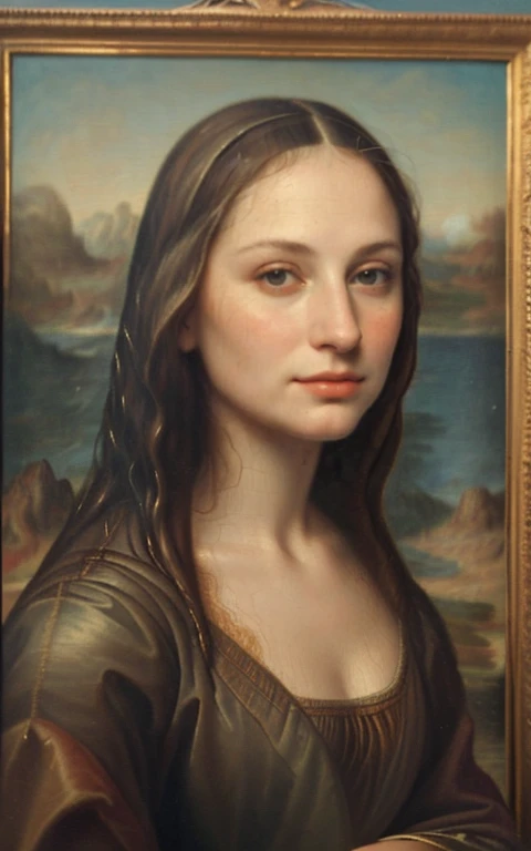 best quality,ultra-detailed,realistic:1.37,nude woman in a painting replicating the Mona Lisa, oil on canvas, vibrant colors, masterful lighting, detailed facial features, exquisite brushstrokes, impeccable composition, timeless beauty