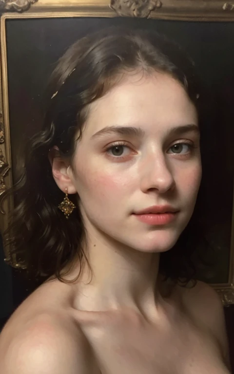 A naked woman imitating the aesthetics of Rembrandt paintings, (oil painting, realistic), detailed facial features, soft lighting, rich textures, delicate skin tones, intricate brushstrokes, exquisite details, harmonious color palette.