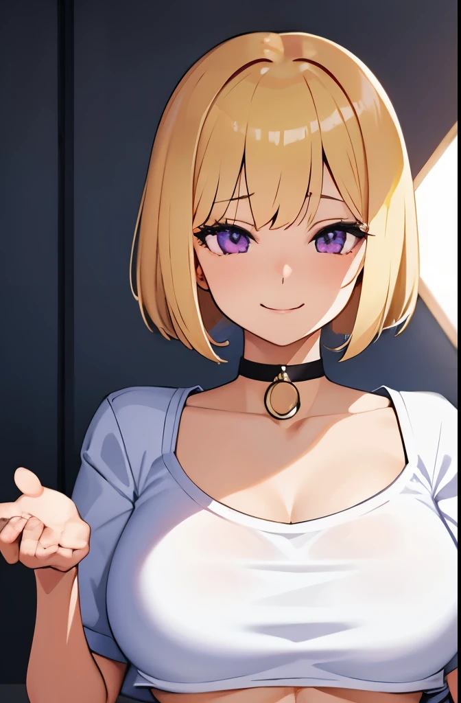 1 girl,blonde hair,bob,bangs,purple eyes,全naked,naked,big breasts,big breasts,Erotic,crop top,nsfw,smile,Happy,heavy breathing,Put your hands on your face,choker,whole body