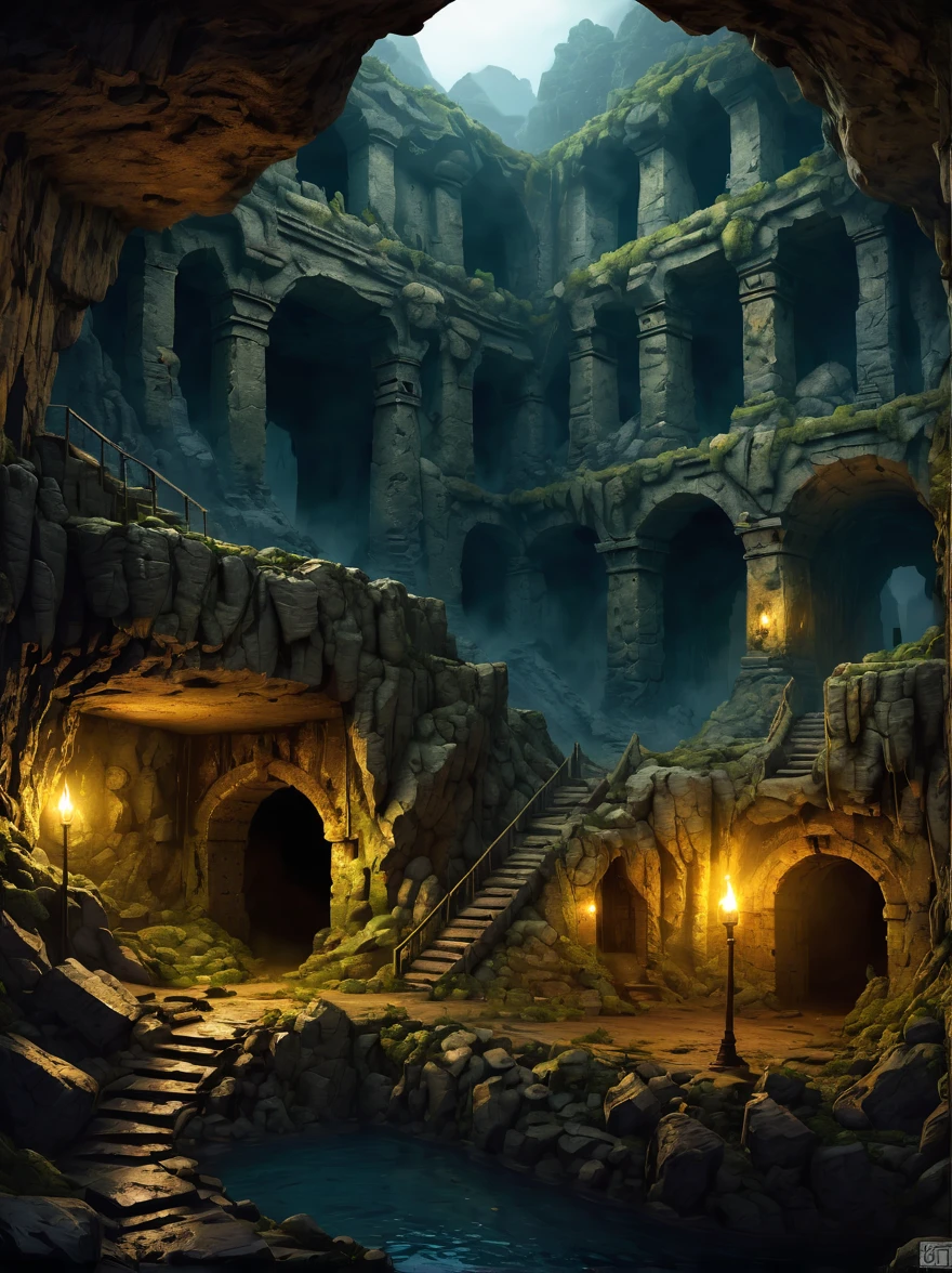 (No sky, no light, no sunshine), (underground world, darkness, depth, deep underground world), Create an image of an underground fortress located deep beneath the Earth's surface. This fortress should be depicted as a robust and intricate subterranean structure, designed for survival and defense. It should include multiple layers and chambers, with thick walls, reinforced gates, and possibly hidden entrances. The fortress should be built within a vast underground cavern, surrounded by rock formations and possibly underground rivers or lava flows. The lighting should be minimal, coming from artificial sources like torches or luminescent minerals, creating an atmosphere of secrecy and resilience. This fortress represents a last bastion in a challenging underground environment, built to withstand threats and time.