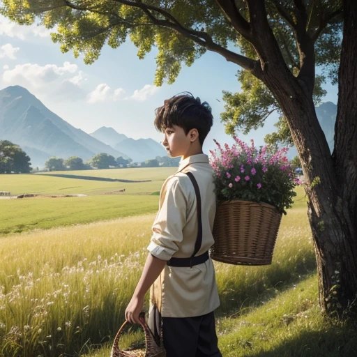  High resolution, Super detailed, masterpiece, highest quality,oriental、Thrift、boy working in the field、grassland、back basket、facing the camera、