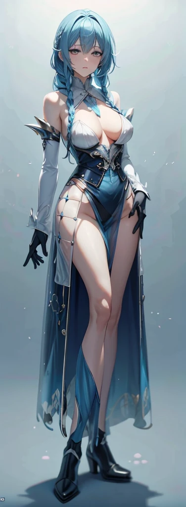 blue hair surrealist, shadow, character table, Reference table, Draw while standing, 8k, Super details, 1080P, Women HD, 4K, 8k, 16k, high resolution, best quality, high quality, anatomically correct, masterpiece, precise, ultra high definition,grace,Unreal Engine,delicate face,long braids,slim,long legs