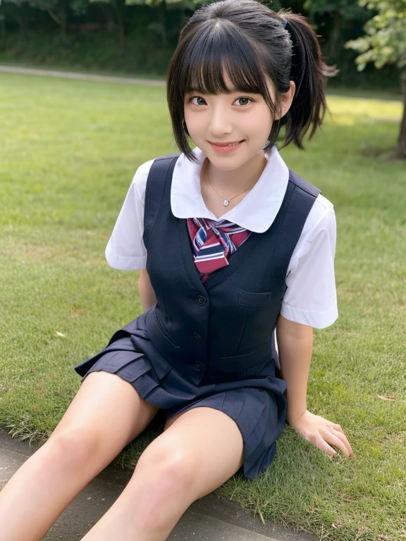 (masterpiece,top-quality,超A high resolution),A Japanese girl, Very beautiful 18 year old girl, Kawaii Girl, View photographer, (lipgloss), (Perfect limbs, perfect anatomia), ((beautiful black hair, Short Hair)), (((School Uniforms))), Beautiful skin, round eyes, smiling, (Moles under the mouth), Attend school, thighs, view from sky above,