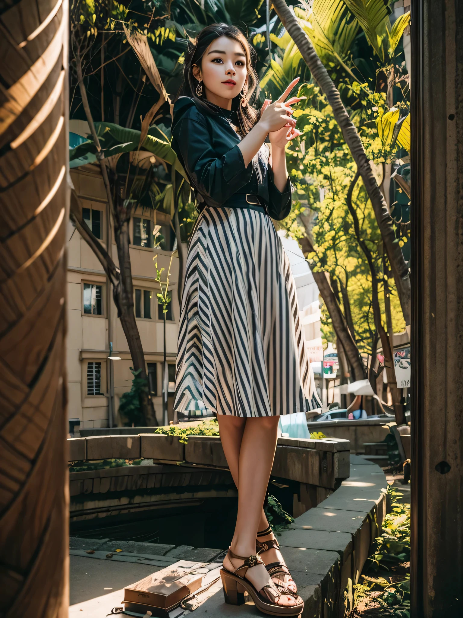there is a young girl standing on a ledge in a park, with lovely look, candid picture, taken with the best dlsr camera, candid photo, with a cool pose, casual pose, black and white color, casual photography, candid photography, various poses shooting photos, candid photograph, full body photogenic shot, dressed with long fluent clothes, frontal pose, outfit photograph
