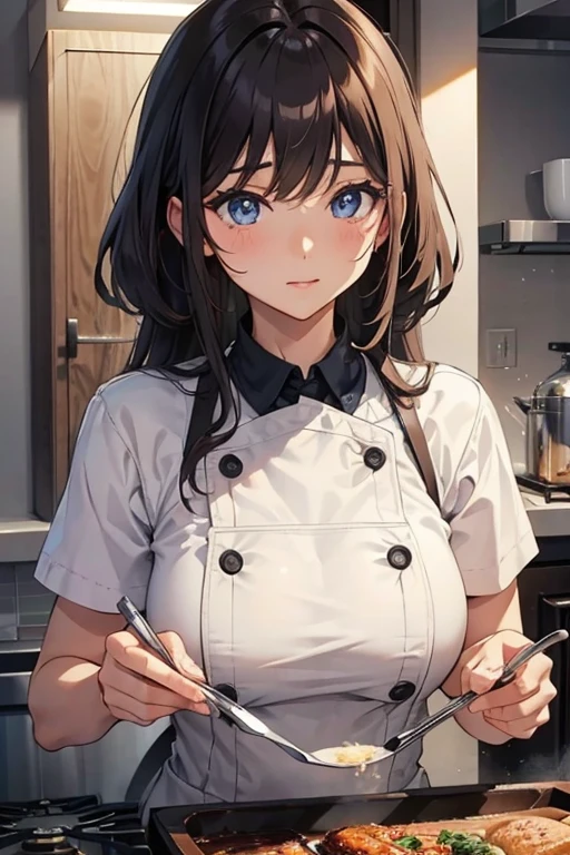 Cooking woman、cute、attractive woman、beautiful eyes、taste、Eyes and nose are in good shape、meaty、Glamour、Clothes are tight