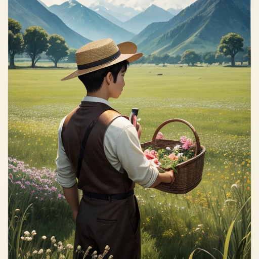 High resolution, Super detailed, masterpiece, highest quality,oriental、Thrift、boy working in the field、grassland、back basket、game poster