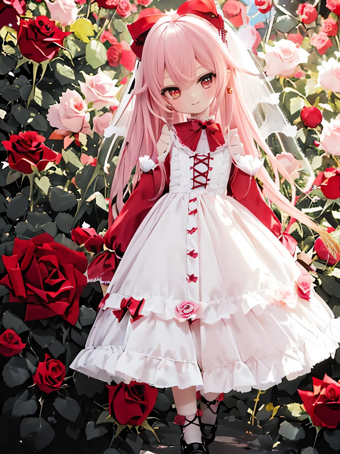 //fashion
(pastel-red theme:1.3),((Rose Gothic Dress with Rose pattern:1.4)),(Rose ornament:1.3),(red big ribbon:1.3),(Rose earrings:1.2),(white Knee High Socks:1.3),(vivid coloring:1.3),(close up of face:1.2),(rose garden background:1.6),(background full of roses:1.5)