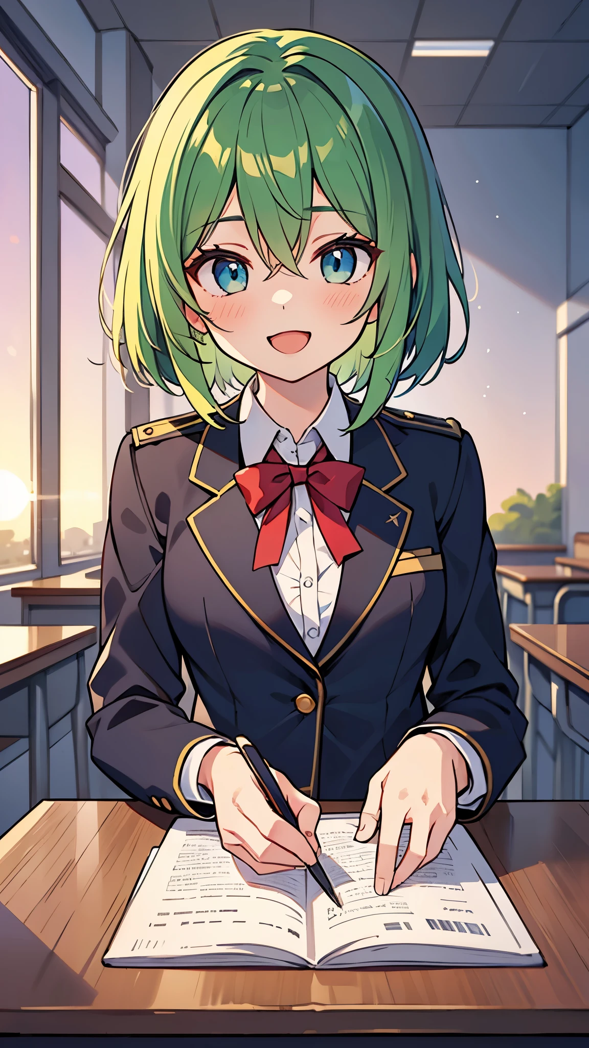 ((Pretty High School girl with green hair and blue eyes)), ((wearing black blazer uniform)), red ribbon,  face, ((master piece, top-quality, ultra-definition, high resolution)), anime girl, ((ultra-detailed illust:1.2)), only one person, bangs, hair between eye, beautiful hair, Beautiful eyes, Medium breasts, Big smile, opened mouth, in the classroom, at dusk, sunset