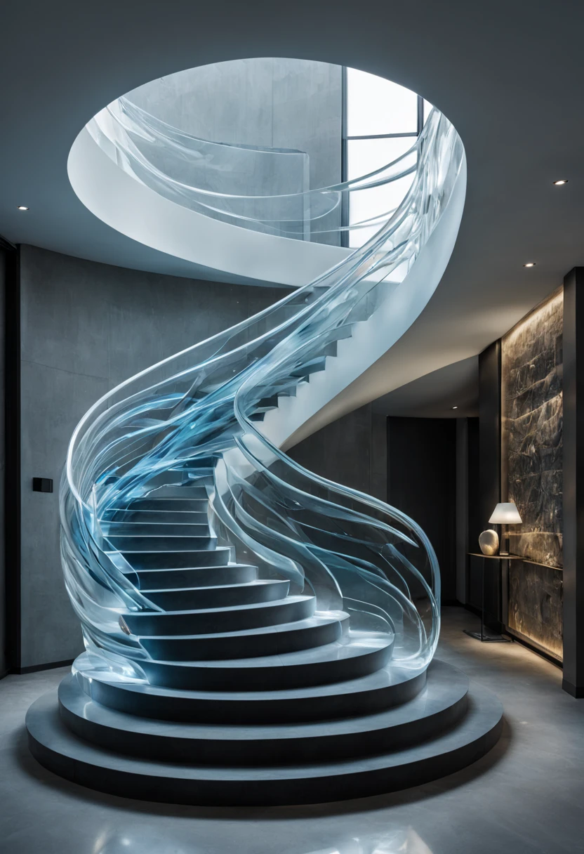 stairs下的貴賓休息區.Premium bar.Stairs to basement.arafed stairs with a woman walking up it and a large window, Abstract sculpture inspired by Zaha Hadid, interest, concept art, adornado y fluido, large translucent art statues, glasssculpture, realistic glasssculpture, elegant lighting, statue made of glass, stairs, stunning light, extremely beautiful lighting, liquid sculpture, stunning lighting, Interesting lighting,