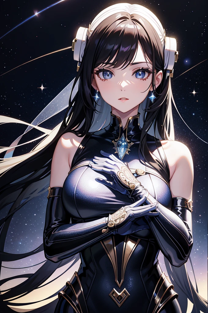 Modern masterpieces, space wedding scene, Foreign couple in stylish clothes, Outer space background, super detailed and realistic, shiny metallic fabric, dynamic light and shadow, High resolution, sharp focus, Depth of bounds written, have pupils that respond to the environment、expressive and big eyes, sleek hairstyle, elegant pose, futuristic landscape, twinkling stars, cosmic colors, romantic atmosphere. By [artist name], modern art, space themed wedding concept, clean lines and sharp edges, Vivid and rich colors, beautiful alien design, intricate details, dreamy quality.