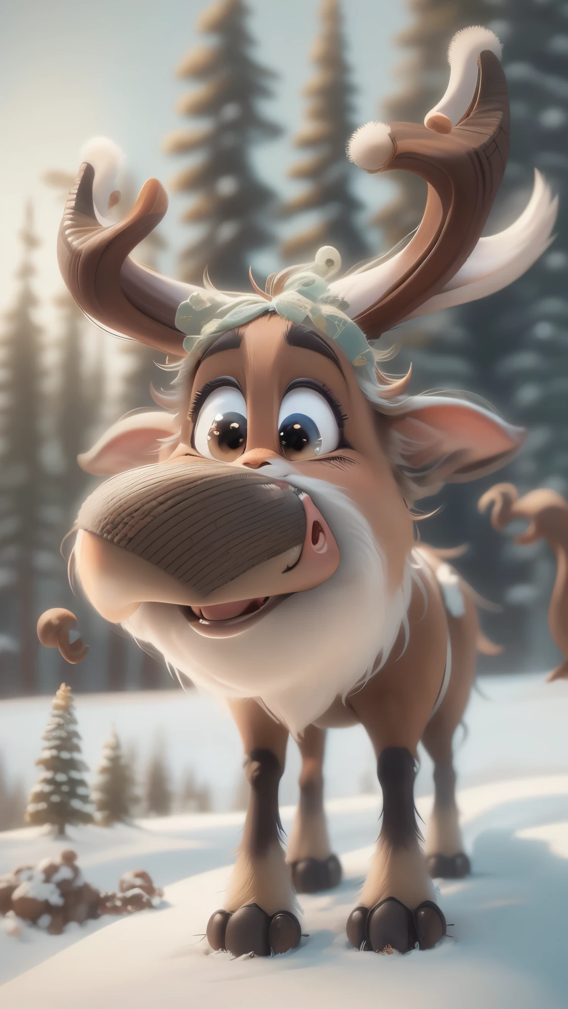 Cute reindeer walks from a distance,male,A pair of big horns,big eyes, very cute,, front view,close up, Pixar style, best quality, stills, open mouth,Very happy,high detail,Super details,high quality, masterpiece, precise,