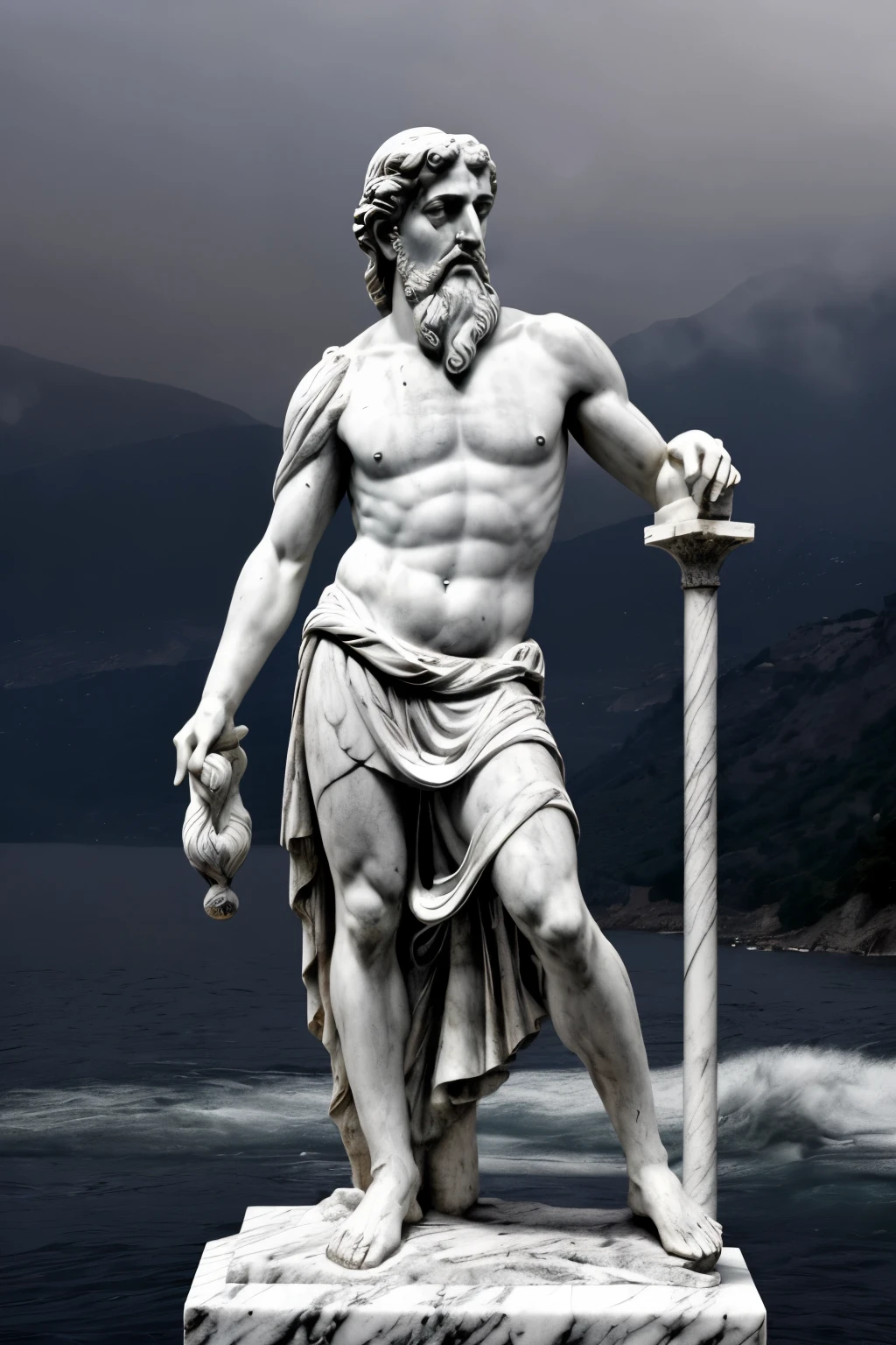 a black and white greek style marble statue of Marcus Aurelius, twilight, eclipse, rushing water, fire in the sky