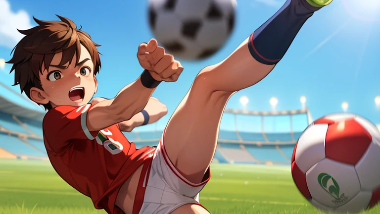 A 11-year-old boy with brown hair, dressed in a red football jersey and white shorts, is deeply concentrated at the soccer academy as he strives to perfect his powerful cannon kick. His resolute expression is unmistakable as he lifts his right leg and swings it forward, preparing to release a surge of energy into the soccer ball. The lush, verdant grass beneath his feet and the vivid hues of his team's jersey and soccer ball contrast sharply against the brilliant blue sky in this masterpiece of a high-definition image. The sun casting a warm, golden glow across the scene adds depth and richness to the colorful and immersive atmosphere. (4