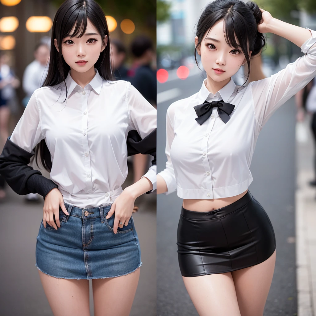 Asian Girl in a Sexy student uniform (mini skirt and tight white shirt) Panties visible, Slim girl model, Sexy posing, Outdor Street, Real photo style, smile, shy, expressionless, multicolored eyes, eye reflection, open mouth, pain, facial hair, parted lips, nervous smile, expressions, bright pupils, oral invitation, depth of field, ray tracing, drop shadow, multiple views, f/1.8, bokeh, close-up, masterpiece, textured skin, anatomically correct, super detail, high quality, best quality, highres, 8k