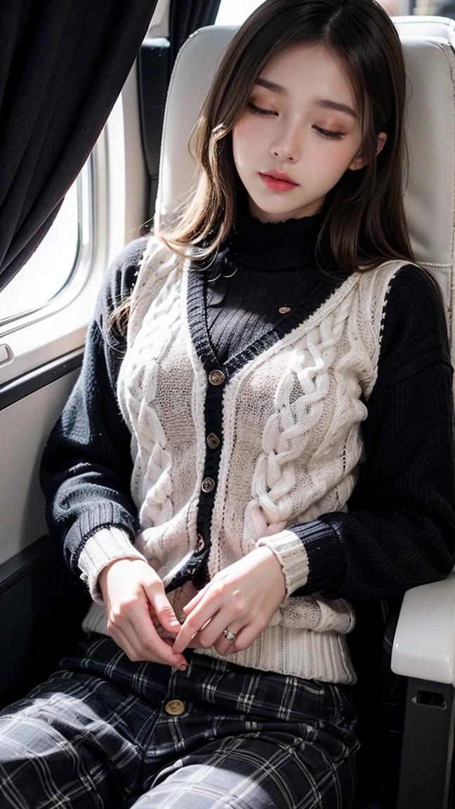 Masterpiece, Best Quality, Very Detailed, 8k, Photorealistic, soft focus, beautiful detailed eyes, detailed face, double eyelid, 1girl, solo, beautiful skin, real human skin, close-up shot, Half-body, (Black sweater:1.5), that clearly shows your body line, BREAK, (wide-leg plaid pants:1.4), BREAK, (Cherry-colored button-front blazer on top:1.4), erotic body, 16 years old girl, beautiful girl, Japanese idol, medium hair, brown hair, a lustful smile, moist lips, Dozing off in the first class seat, (sleeping beauty:1.3), (completely close your eyes:1.3), NSFW