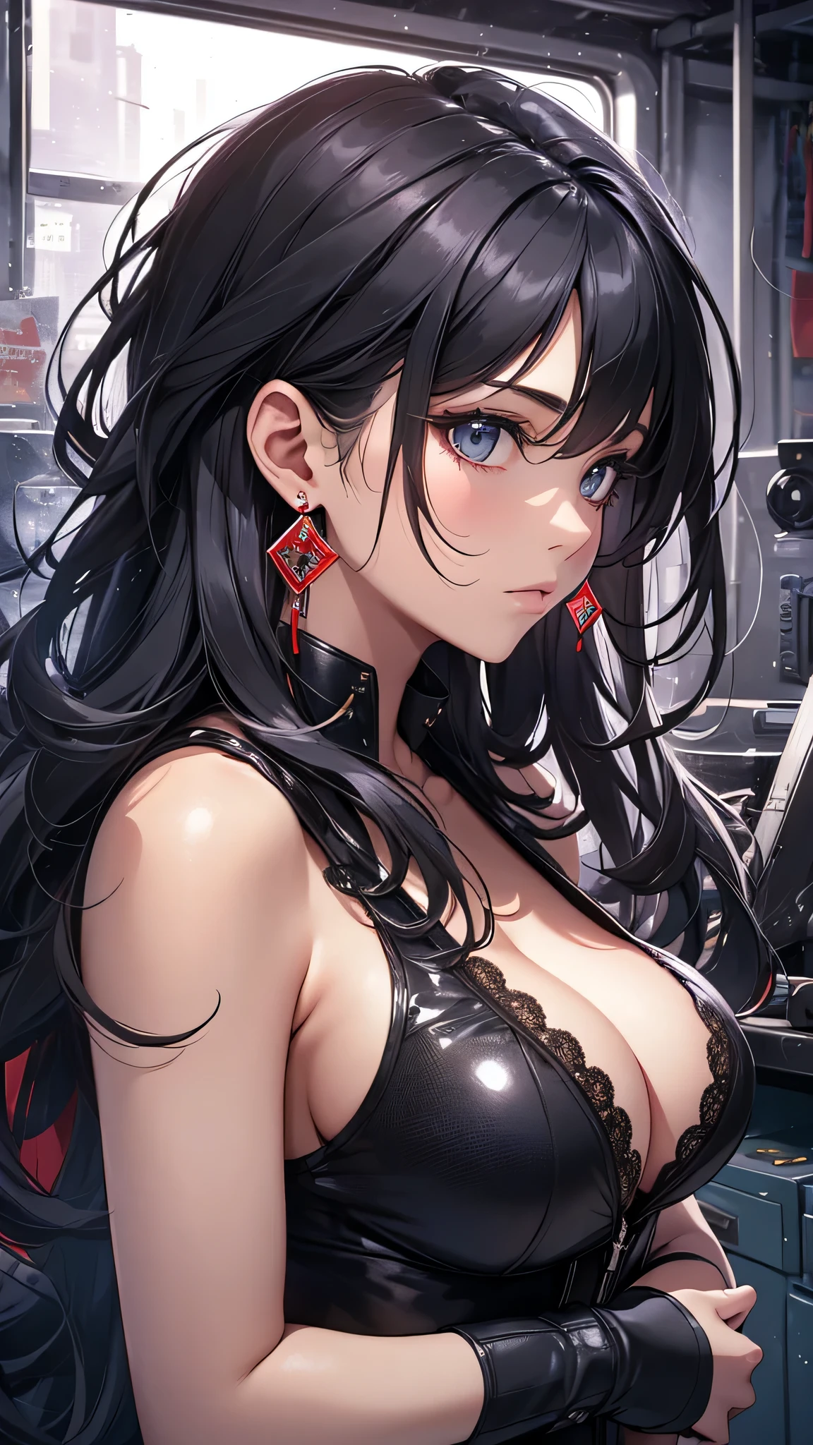 最high quality、best image quality、masterpiece、age girl((18-year-old、 By becoming、vest bust、medium bust,wide open breast tea、black eye, black hair、long hair、thin,highest valley、Perforated gloves、blue earrings、bandana、Black workwear、There is a spanner、black spots on face)),high quality、beautiful art、background((fighter jet、workroom、hangar)),debris flies、Depth of written boundary、movie、visual art、perfect art、8K,genuine