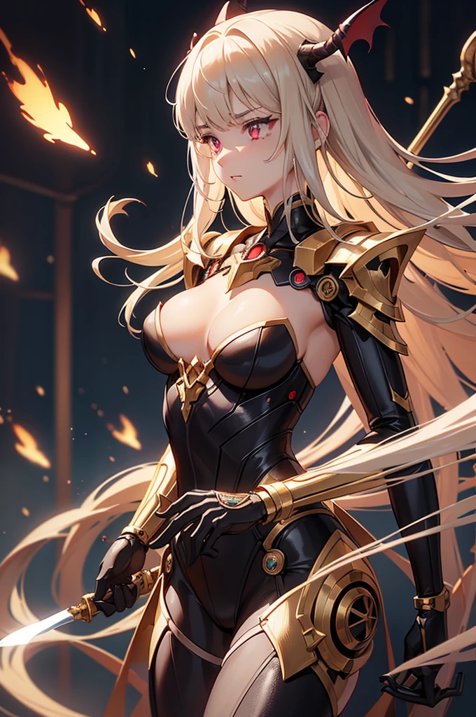 (1 Mechanical Girl)、highest quality、masterpiece、Super high resolution、(Photoreal:1.4)、RAW photo、1 girl、golden hair、glowing skin、(((1 Mechanical Girl)))、with a beautiful knife、（Blue Metal Bodysuit）、（fight fiercely against aliens）、fight fiercely、(beautiful forest background)、(battle with monsters)、(Small LED)、((Super realistic details))、Portrait、(Strong giant demon beast background),global illumination、Shadow、octane rendering、8K、super sharp、big breasts、The bare skin of the cleavage is exposed、Metal、intricate decorative details、Japan details、very intricate details、realistic light、(Mystical expression),CG Society Trends、red eyes、shining eyes、towards the camera、neon details、(mechanical limbs)、(blood vessels connected to tubes)、mechanical vertebrae attached to the back、cervical vertebrae mechanically attached to the neck、(Wires and cables connecting to the head)、gundam、Small LED、,mechanical thighs、two stock、（Hands are also made of machines）、（Attack of the monsters）、（injured in a deadly fight）、