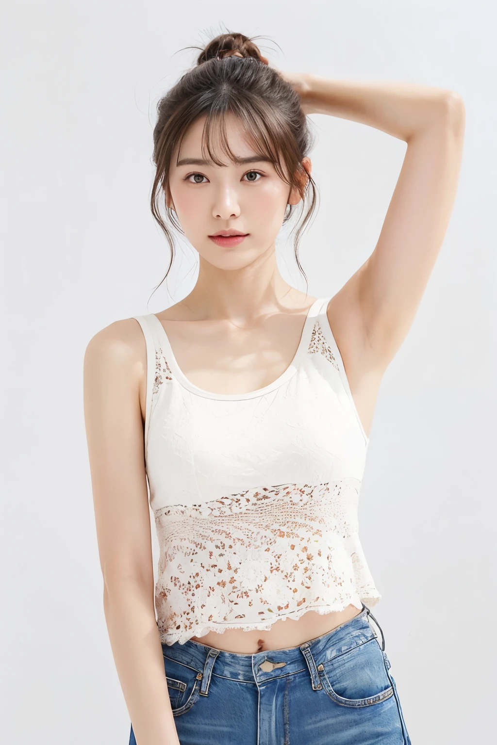 ((Top quality)), one beautiful woman, wearing jeans peonies patterns　tank top,35mm lens, f/1, cowboy shot, (white background: 1.3), camp site,,大きい目,小さい胸、笑顔