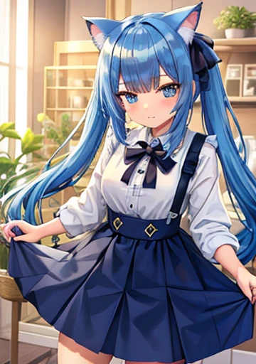 young girl blue hair Cat ear twin tails ribbon blue skirt wink