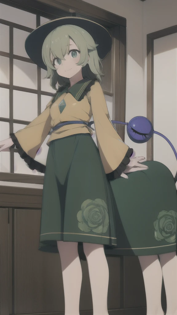 (masterpiece, best quality:1.2), solo, 1girl,(komeiji_koishi_touhou:0.35), komeiji koishi, 1girl, hat,hat bow,green hair,green eyes,yellow shirt,green skirt,long sleeves, wide sleeves, floral print, third eye,eyeball,smile ,(htr:1.5), (humantaur:1.5),multiplebreasts, indoors