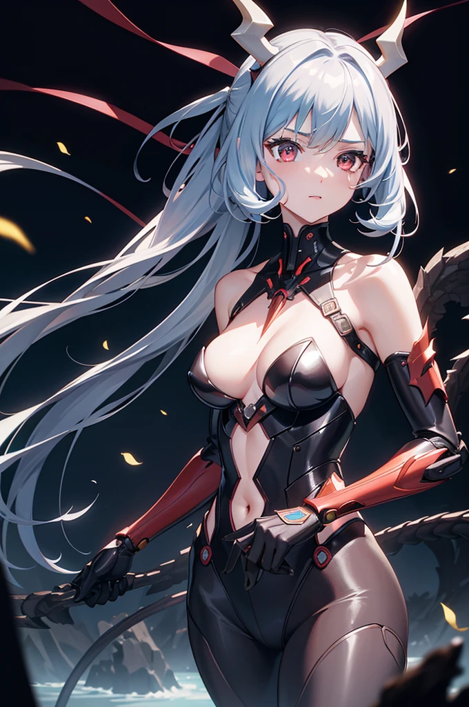 (1 Mechanical Girl)、highest quality、masterpiece、Super high resolution、(Photoreal:1.4)、RAW photo、1 girl、golden hair、glowing skin、(((1 Mechanical Girl)))、with a beautiful knife、(Blue Metal Bodysuit)、(fight fiercely against aliens)、fight fiercely、(beautiful forest background)、(battle with monsters)、(Small LED)、((Super realistic details))、Portrait、(Strong giant demon beast background),global illumination、Shadow、octane rendering、8K、super sharp、big breasts、The bare skin of the cleavage is exposed、Metal、intricate decorative details、Japan details、very intricate details、realistic light、(Mystical expression),CG Society Trends、red eyes、shining eyes、towards the camera、neon details、(mechanical limbs)、(blood vessels connected to tubes)、mechanical vertebrae attached to the back、cervical vertebrae mechanically attached to the neck、(Wires and cables connecting to the head)、gundam、Small LED、,mechanical thighs、two stock、(Hands are also made of machines)、(Attack of the monsters)、(injured in a deadly fight)、