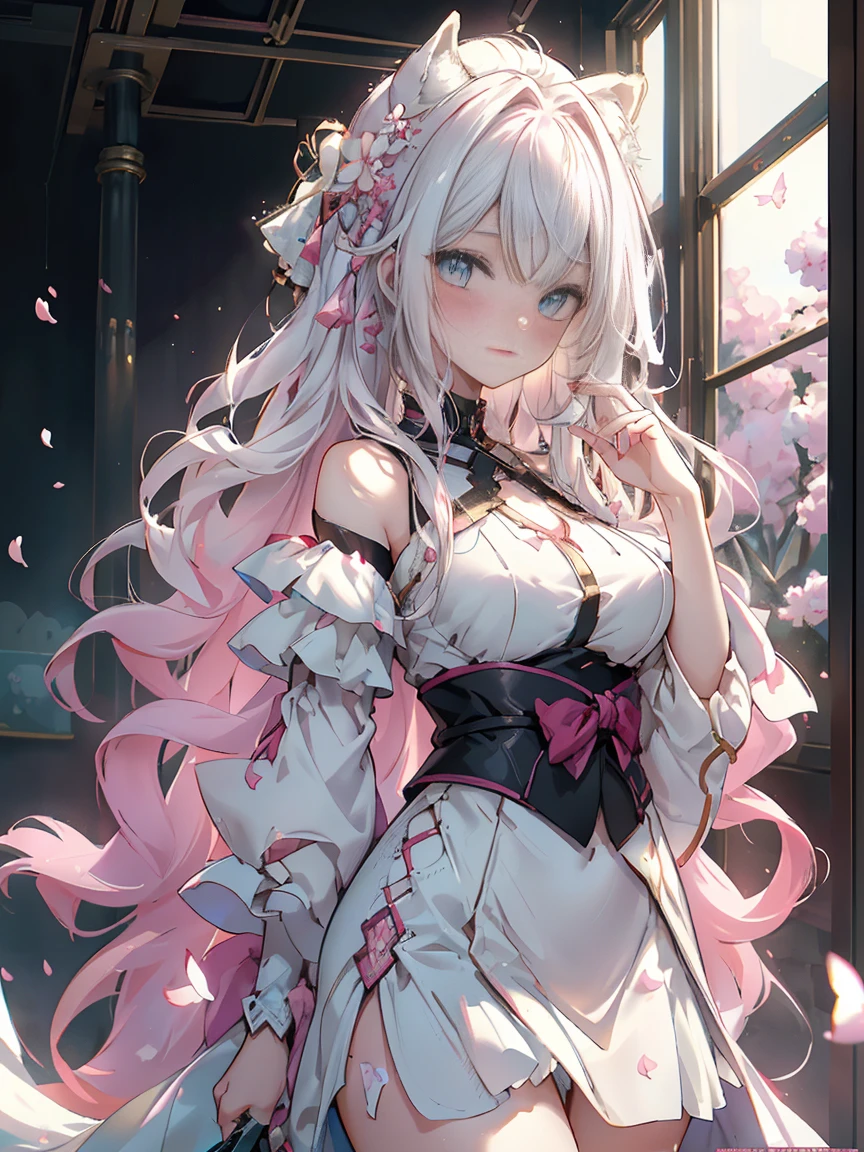 (最high quality, High resolution, masterpiece:1.2), Realistic, Detailed Female Portrait, Long, flowing white hair, Bright pink eyes, lace thong, Captivating Gaze, masterpiece smile, high quality,