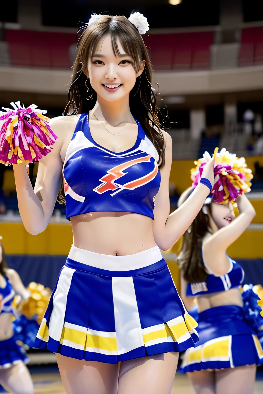 (((Draw only one woman:2)))、((Cheerleaders dancing at the basketball venue:1.5))、((She wears an elaborately designed cheerleader costume.:1.8))、beautiful 16 year old woman、((1 screen))、8K、RAW shot、highest quality photos、masterpiece、nice realistic pictures、(( anatomically correct proportions : 1.5))、((perfect proportions))、((A cute woman who looks like a beautiful Japanese idol))、((small head))、detailed face、detailed eyes、narrow nose、(detailed fingers: 1.2)、detailed arms、detailed skin、detailed legs、(slim style)、((thin waist))、(Medium udder)、(Cheerleader costume with elaborate tank top design:1.5)、(sweaty body:1.2)、(sweaty hair:1.2)、(Cheerleader costume with bold design that shines when wet:1.3)、(Holding pom-poms in both hands:1.5)、(dance with a happy smile:1.2)、(Photographing from the waist up:1.5)