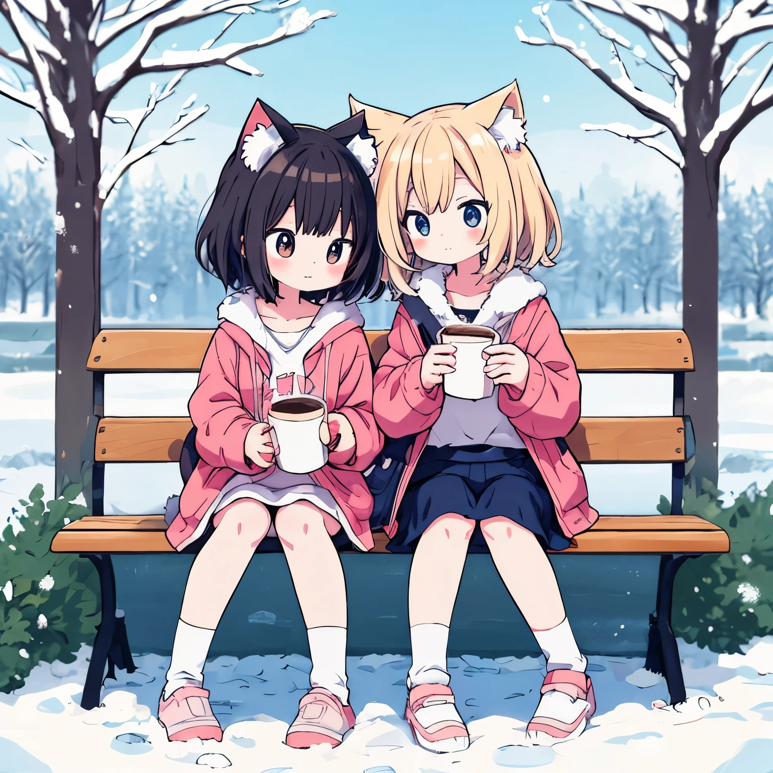 Anime character sitting on a bench drinking coffee with a cat, cute anime, anime style. 8K, anime style 4 k, cute anime style, cute art style, anime picture, cute anime catgirl, anime cat, cute catのアニメビジュアル, anime style illustration, in the snow, in anime style, anime girl with cat ears, cute cat