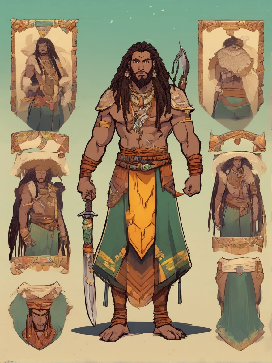 Character is a hybrid scaly, dark-skinned aquatic being, oceano estilo Avatar Ele usa um pingente no meio da testa parecido com cabelos brancos cortados de lado, rastafari, perfect afro braided hair, has very long braids ,with the moon we have is made of crystal, a warrior wearing traditional attire with spear and shield, recursos, man with long braided hair and collection of small animal skulls as necklace Full body view, plano completo, vista frontal, vista traseira, design de personagem, multiple views and poses, Multiple points of view, de um personagem, corpo inteiro, personagem com menos, estilo de roupa, no mesmo penteado, less Type of footwear, .4K, HD, Ultra: (melhor qualidade, com cabelo de cor diferente e pele de cor diferente e pele de cor diferente e pele de cor diferente e com uma arma