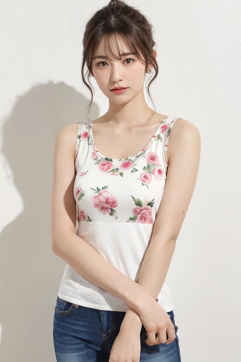 ((Top quality)), one beautiful woman, wearing jeans peonies patterns tank top,35mm lens, f/1, cowboy shot, (white background: 1.3), camp site,,大きい目,小さい胸、笑顔