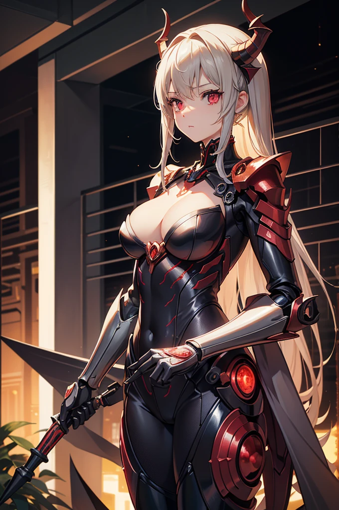 (1 Mechanical Girl)、highest quality、masterpiece、Super high resolution、(Photoreal:1.4)、RAW photo、1 girl、golden hair、glowing skin、(((1 Mechanical Girl)))、with a beautiful knife、(Blue Metal Bodysuit)、(fight fiercely against aliens)、fight fiercely、(beautiful forest background)、(battle with monsters)、(Small LED)、((Super realistic details))、Portrait、(Strong giant demon beast background),global illumination、Shadow、octane rendering、8K、super sharp、big breasts、The bare skin of the cleavage is exposed、Metal、intricate decorative details、Japan details、very intricate details、realistic light、(Mystical expression),CG Society Trends、red eyes、shining eyes、towards the camera、neon details、(mechanical limbs)、(blood vessels connected to tubes)、mechanical vertebrae attached to the back、cervical vertebrae mechanically attached to the neck、(Wires and cables connecting to the head)、gundam、Small LED、,mechanical thighs、two stock、(Hands are also made of machines)、(Attack of the monsters)、(injured in a deadly fight)、