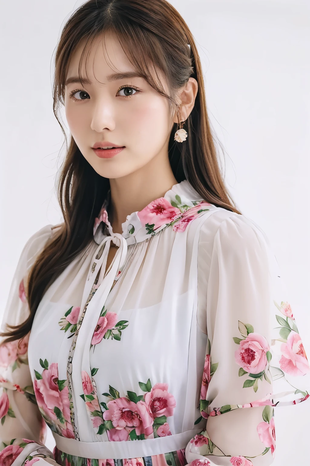 ((Top quality)), one beautiful woman, wearing peonies patterns chiffon blouse,35mm lens, f/1, cowboy shot, (white background: 1.3), camp site,,大きい目,小さい胸、笑顔