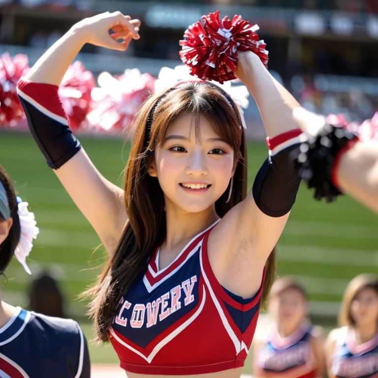 Beautiful Japanese idol cheerleader poster,Painting,High resolution,
Very detailed,Realistic:1.37,Bright colors,High resolution,Studio Lighting,
Sharp focus, Dance cheerfully,Smile happily,Perfect Makeup,
Great costumes, Crowd cheers,An exciting atmosphere,
Dynamic pose,expressive movement, Beautiful Hair,
Sparkling eyes,Rose Cheeks,Fuller lips, Pom-pom,
((Gold shiny latex mini skirt）（gold))、
((Flying confetti）（Silver))、
,Shining Spotlight, Captivating performance,
Cheerful cheers,Unforgettable memories、Squat down and spread your legs wide.
