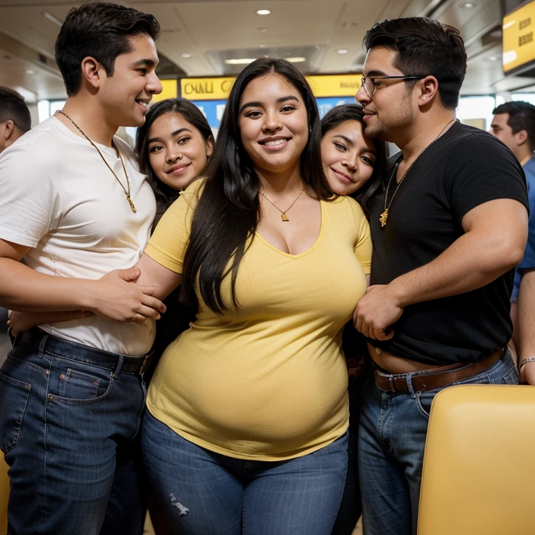 Chubby fat bbw nerdy latina young woman (20 years old), chubby belly, long straight black hair, wearing blue jeans and yellow shirt, Golden necklace, in the airport, hugging and kissing with several men, 4 men, smiley expression, full body picture, view from the side