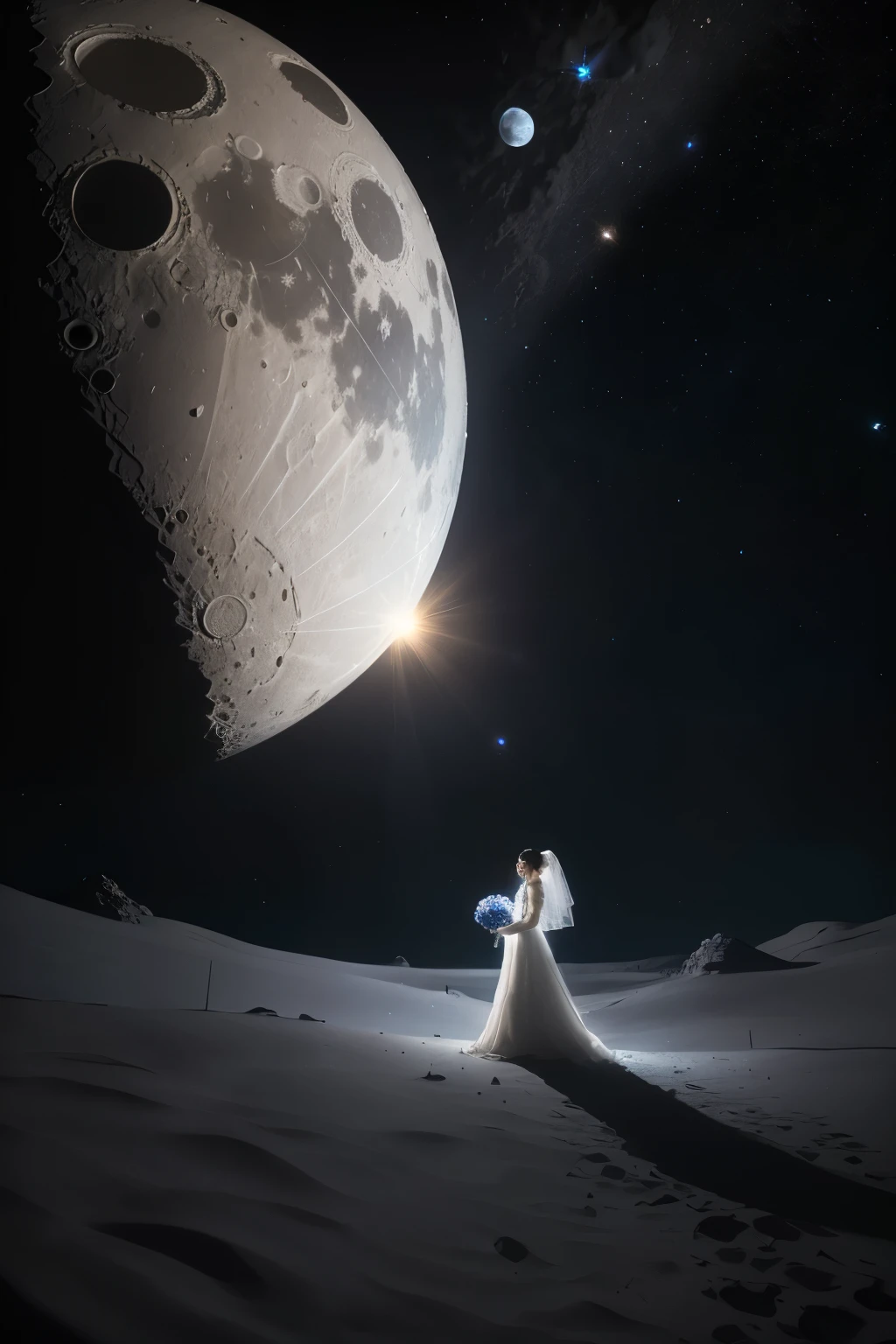 A modern, stylish wedding scene set in the mysterious depths of outer space with a realistic, blue-toned backdrop of the moon. The bride, dressed in a beautiful, realistic white gown, gazes up at the celestial body with awe and wonder. Surrounding her are top-quality, intricately detailed props such as floating lanterns and twinkling fairy lights. The scene is filled with clean, unique elements that add to the aesthetic beauty of the moment. The large background is captivatingly realistic, showcasing every crater and texture of the lunar surface under the soft,SCANIT, moonlight. The atmosphere is both whimsical and mysterious, making for an