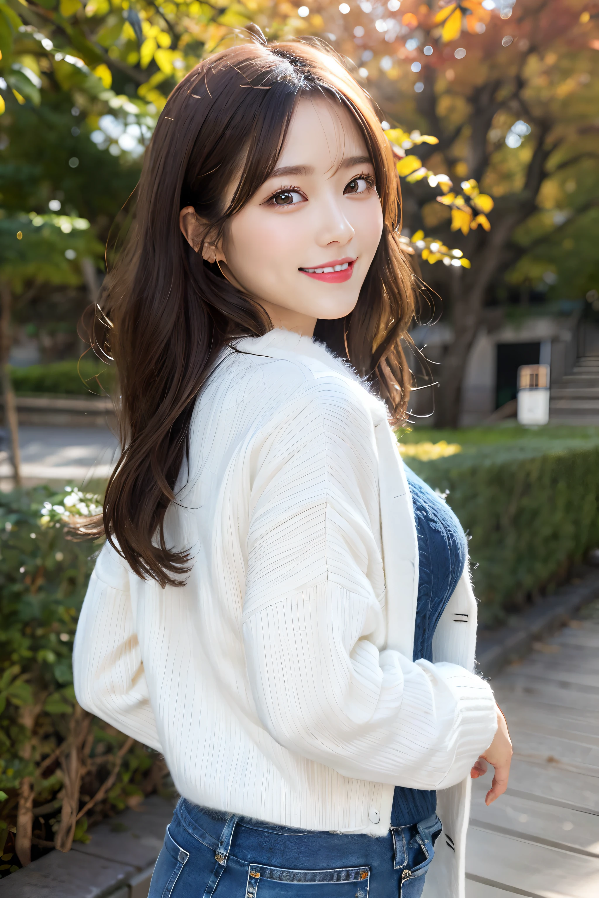(masutepiece:1.3), High resolution, ultra-detailliert, the Extremely Detailed CG Unity 8K Wallpapers, Realistic, Photorealsitic, Raw photo, (beautifull detailed face), pale skin, Realistic skin, Detailed Cloth Texture, detailed hair texture, Perfect body, Beautiful face, acurate, Anatomically correct, Highly detailed face and skin texture, Natural neck length, (Beautiful hands), (Fair skin:1.2), thin legs, Thin feet, Sexy thighs,
BREAK,
Detailed eyes, symmetry eyes, Brown eyes, Double eyelids, (Thin eyebrows), (Glossy lips:1.4), (Pretty smile:1.2),
BREAK,
(1girl in, classy girl), ((Wearing a white long knit coat over a royal blue sweater:1.3)), (denim hot-pants:1.2), (Barefoot),
medium large breasts, (firm breasts, nice shaped breasts, Slender figure:1.1),
(Layered hairstyle, dark brown hair, Wavy Hair), ((Medium Long Hair:1.2)),
BREAK,
(Stand in a selfie pose:1.2), ((Autumn foliage scenery:1.2)),
((Japanese「Hakone」In the hills of:1.2)), (upperbody shot:1.2), (looking back at viewer:1.2),