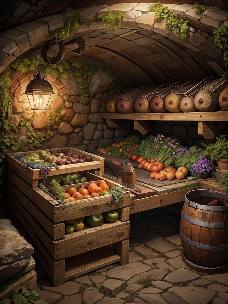 Create an image of an underground winter cellar used for storing various vegetables, located deep beneath the surface. The cellar should be depicted as a deep, cavernous space, optimized for the preservation of vegetables during winter. It should have rustic wooden shelves and bins filled with a variety of root vegetables like potatoes, carrots, and beets. The walls of the cellar should be made of earth and stone, indicating its deep underground location. The lighting should be dim and natural, possibly from a small window or gaps in the cellar's entrance, highlighting the cool, damp atmosphere ideal for vegetable storage. The overall scene should evoke a sense of traditional, practical utility in a subterranean setting.